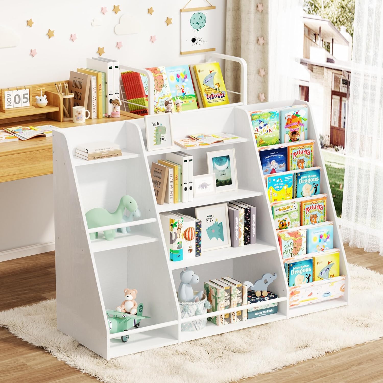 FUSUNBAO 4-Tier Wood Kids Bookshelf with Toy Storage Organizer, Multi-Layer Baby Book Shelf for Playroom, Classroom, Nursery, School - （Withe Colour