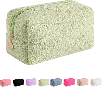 JOVAKIT Travel Makeup Bag Cosmetic Bag for Women, Fashion Christmas Gifts, Plush Zipper Make Up Pouch, Large Capacity Toiletry Organizer Makeup, Portable Storage Bag Trendy Stuff Green