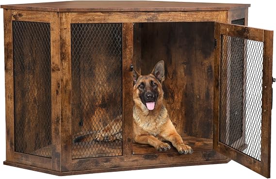 LEMBERI 52 Inch Corner Dog Crate Furniture, Wooden Dog Kennel End Table, Decorative Pet Crate Indoor Use, Furniture Style Dog House for Small/Medium/Large Dog, Dog Cage TV Stand (Brown, 52 inch)