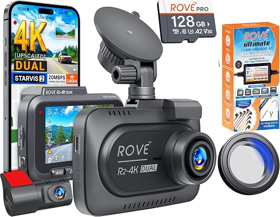 ROVE R2-4K Dual Dash Cam Front and Rear with Hardwire Kit and CPL Filter