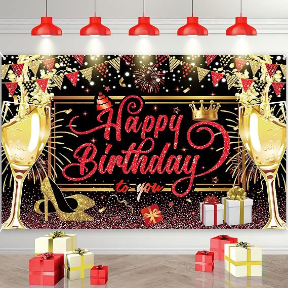 Red Black Gold Happy Birthday Banner, Red and Black Birthday Party Decorations Backdrop for Women Girls Large Sign Glitter Gold Bday Banner Photo Background Supplies 71x 43.3 Inches
