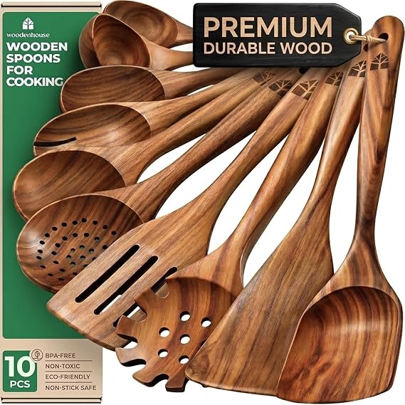 Wooden Spoons for Cooking 10 Pcs Non Toxic Teak Kitchen Utensils Set