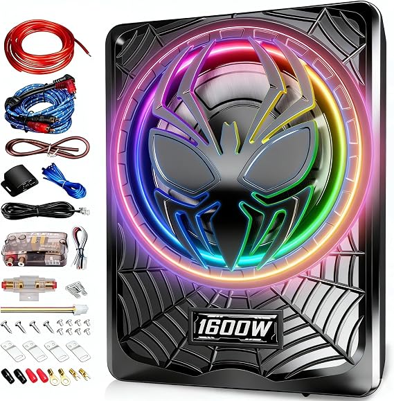 1600W 10" Ultra-Thin Under-Seat Car Subwoofer with Built-in D-Class Amplifier, LED Ambient Lights, Independent Bass Knob, LPF/Gain/Bass Boost, Distortion-Free Deep Bass for Most Vehicles