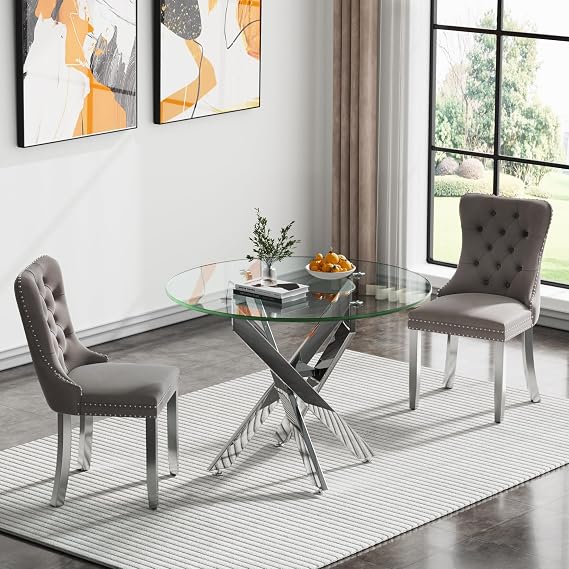 Round Glass Dining Table Set for 2, Small Kitchen Table Set for 2, 35" Round Glass Table and Grey Upholstered Velvet Chairs Set of 2, 3 Piece Round Dining Room Table Set for Breakfast Dinette Cafe