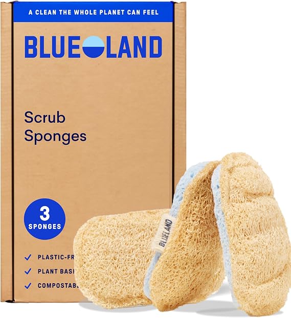 BLUELAND Scrub Sponge, 3-Pack, Dual-Sided Dish Loofah, Plastic-Free