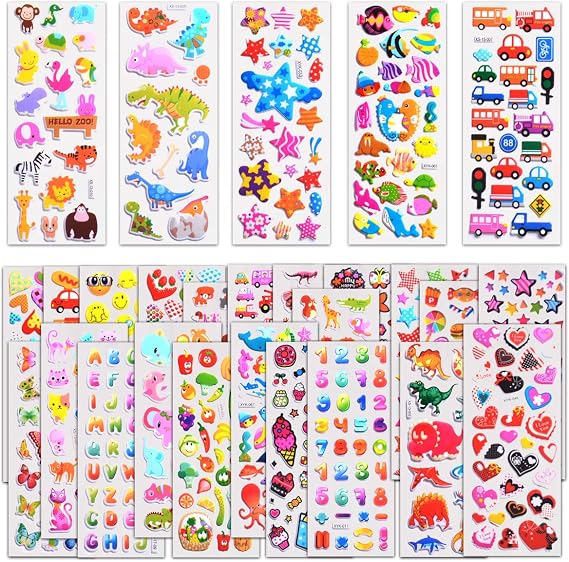 Stickers for Kids, 1000+ Variety Pack 3D Puffy Stickers for Kids Toddler | 40 Different Sheets for Scrapbooking, Craft, Gifts, Rewards Including Animals, Stars, Fish, Hearts, Dinosaurs, Cars and More