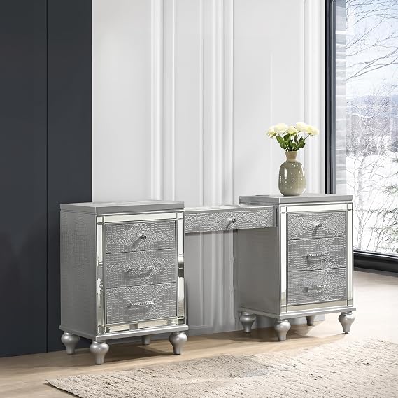 New Classic Furniture Valentino Wood 7-Drawer Vanity Table, Silver