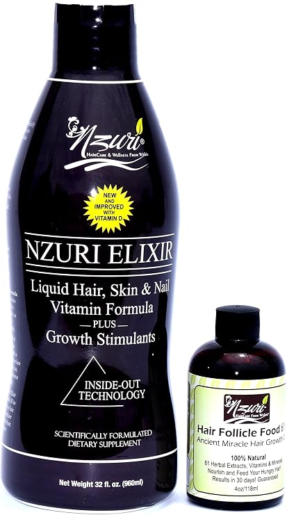 Nzuri Elixir Hair Skin and Nail with Vitamin D - 32 Oz + Nzuri Hair Follicle Food 61- Ancient Miracle Hair Growth Oil 4oz Vitamins to Make Hair Grow Long Intense Grow Long Hair Supplements Combo pack