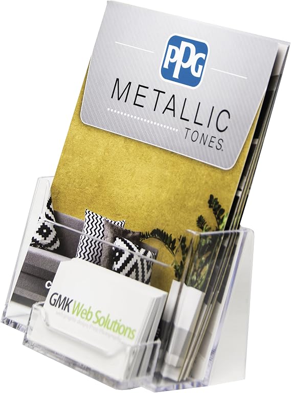 Clear-Ad - Acrylic Slant Back Bifold Brochure Holder 6x9 with Business Card Pocket - Plastic Half Page Booklet, Catalogue, Letterhead, Flyer, Postcard, Pamphlet Display Stand - LHF-P110 (Pack of 4)