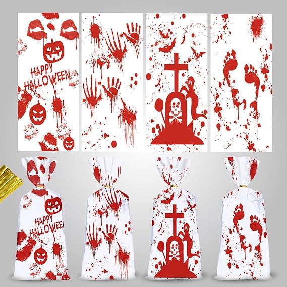 idolpack 50 Pieces Halloween Treat Bags Trick or Treat Cellophane Plastic Candy Goodie Favor Bags with 50 Pieces Twist Ties for Kids Halloween Party Supplies, Pattern 07
