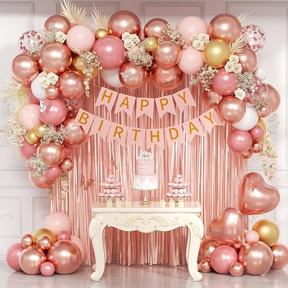 Rose Gold Birthday Decorations with Light Pink White Foil Balloons