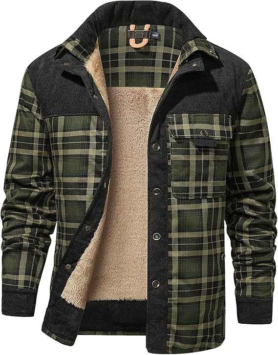 Mens Sherpa Lined Plaid Flannel Jacket Warm Winter Outdoor Shacket