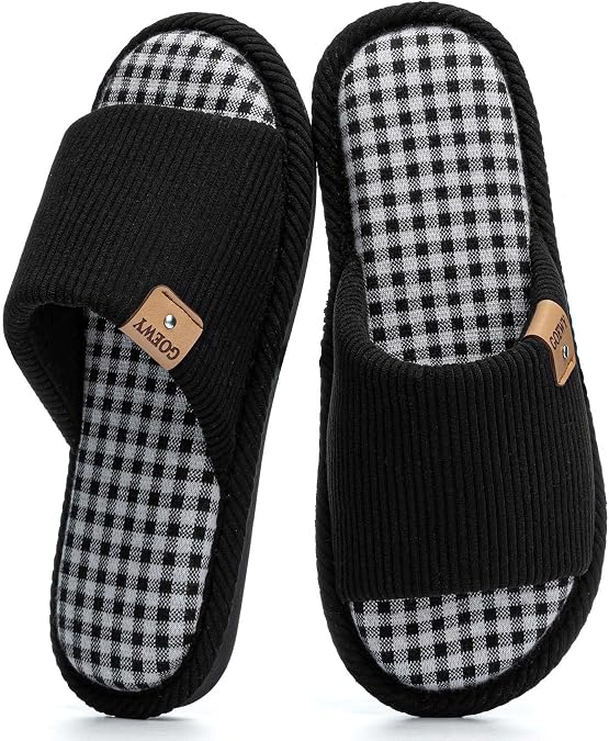 GOEWY Open Toe Corduroy Slippers for Women Memory Foam Casual House Shoes