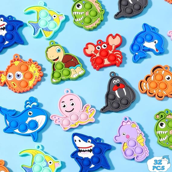32 Packs Sea Animal Pop Fidget Toys,Mini Keychain Bulk Sensory Toys for Kids Basket Stuffers,Party Favors Carnival Birthday Gifts for Toddlers,Goodie Bags Stuffers ,Classroom Prizes,Treasure Box