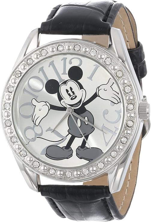 Disney Unisex MK1015 Mickey Mouse Silver Dial Black Crocodile Strap Watch