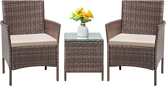 Flamaker Patio Furniture Set 3 Pieces All-Weather Rattan Outdoor Furniture Patio Chairs with Tempered Glass Table for Porch Bistro Balcony (Brown/Cream)