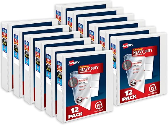 Avery Heavy-Duty View 3 Ring Binders, 1.5 Inch One Touch Slant Rings, DuraHinge, 2.1 Inch Wide Spine, Customizable Clear Cover and Spine, White Binders 12-Pack of 79795