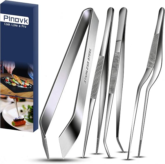 Cooking Tweezers, 4 Piece Set 6.3 inches Stainless Steel Kitchen Tweezers Culinary with Chef Cooking Utensils for Cooking Food Design styling