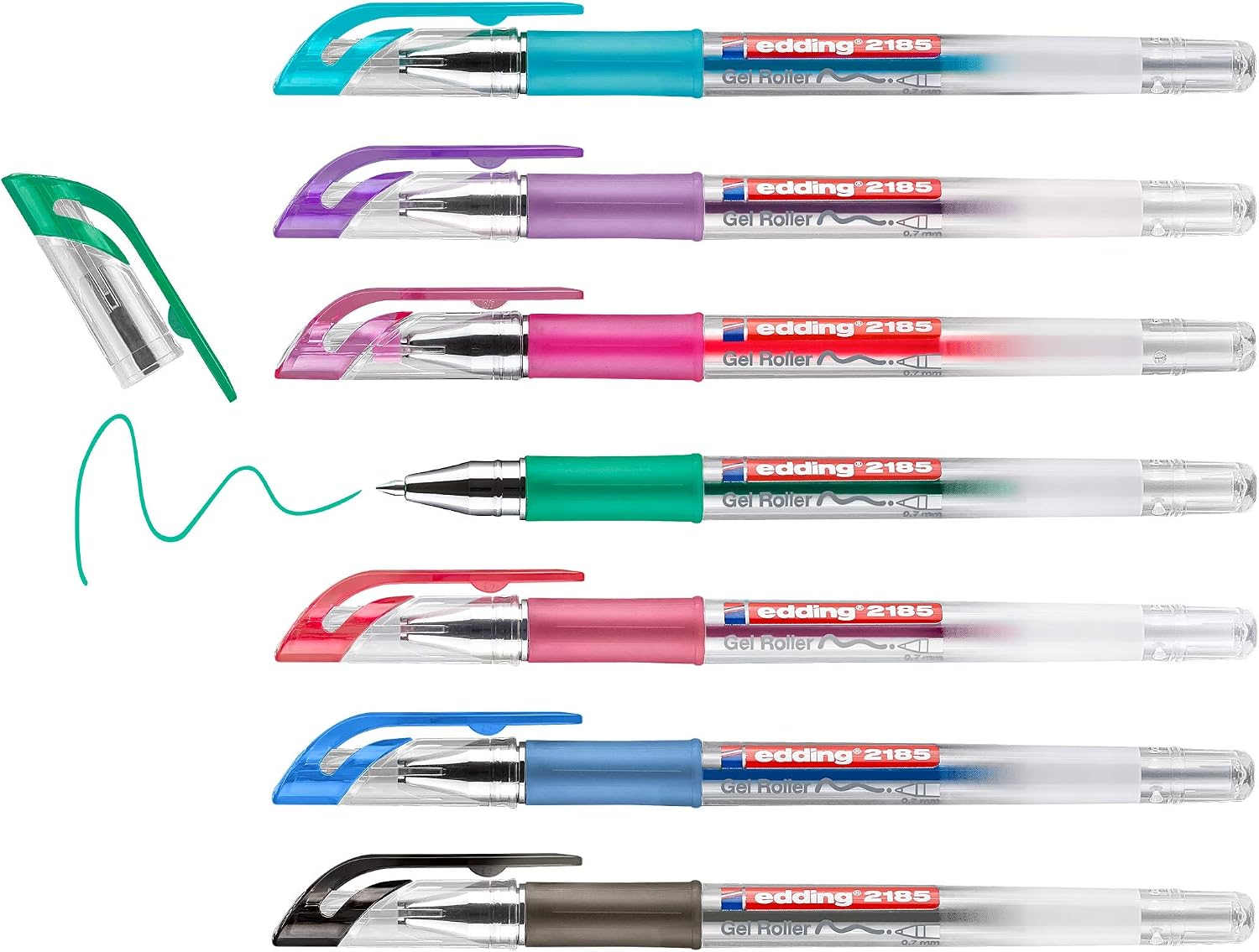 edding 2185 gel roller - black, red, blue, green, purple, pink, light blue - 7 pencils - 0.7 mm