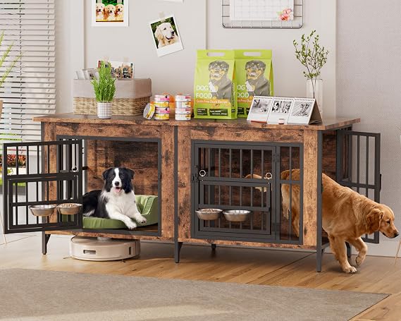 Grepatio 63" Double Dog Crate Furniture for 2 Dogs, Large Dog Kennel with 360 Rotating Feeder Bowls, Indoor Double Dogs Crates with 4 Doors, Wooden Crate TV Stand with Removable Divider