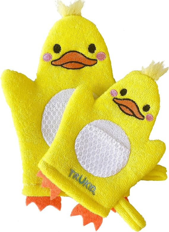 TruKid BubbleGlove, Bath Wash Gloves-Sponge - Hand Puppet for Kids & Toddler, Bath Sponge & Baby Washcloth Mitt for Kids & Adults, Body Scrubber for Mommy & Me - Duck Set of 2