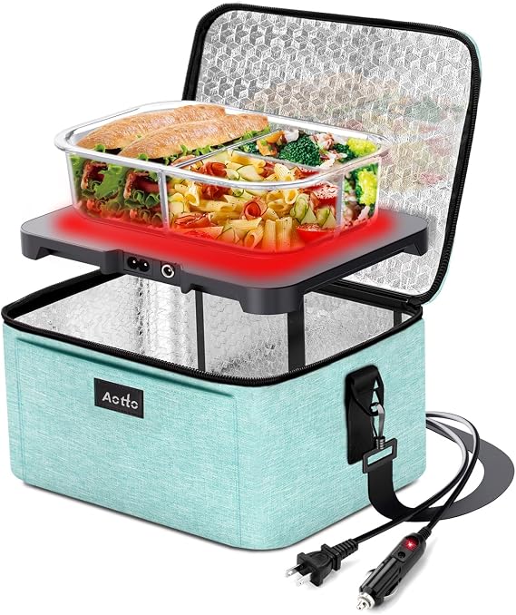 Portable Electric Lunch Box Food Heater, 12V/24V/110V 3-in-1 Car Food Warmer Heated Lunch Box for Adults, Cook, Reheat & Keep Meals Warm for Car, Truck, Travel, Work, Home - Lake Green