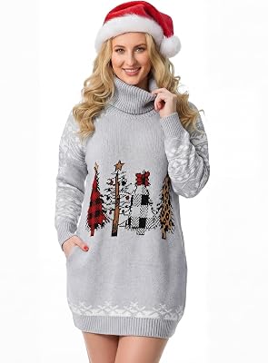 Ugly Christmas Sweater Dress for Women, Santa Hat and Funny Novelty Sweater with Pocket for Xmas Holiday