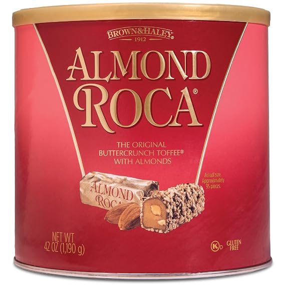 Brown & Haley Almond ROCA The Original Buttercrunch Toffee with Almonds Canister - Individually Wrapped Chocolate for Holiday Gift Basket - Gluten Free Kosher Chocolate Candy for Sharing, 42oz Pack of 1