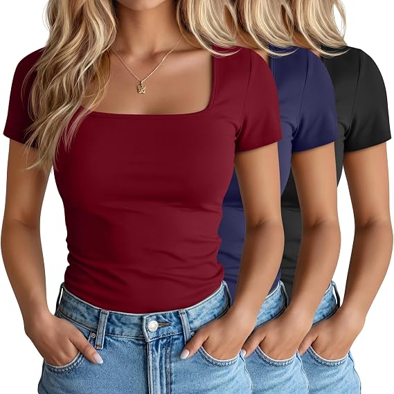 Ficerd 3 Pack Women's Square Neck Shirts, Short Sleeve Slim Fit Tops Scoop Neck Summer Casual Basic T-Shirts Tee
