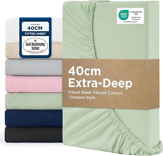 Bedsure Double Fitted Sheet Deep - 40cm Pocket, Sage Green, 135x190cm