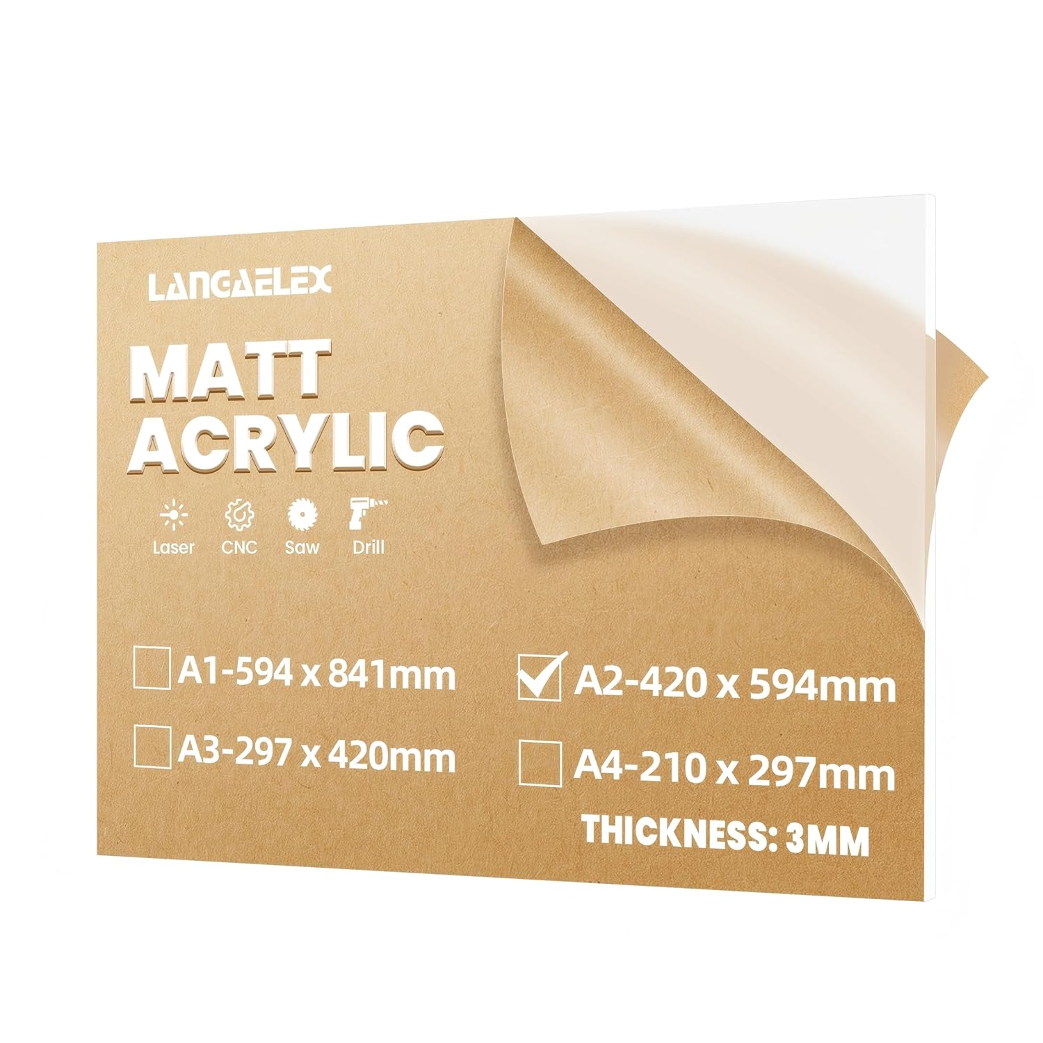 A2 Matt Cast Acrylic Sheet 420 x 594 mm, 3 mm Thick Frosted Perspex Sheet cut to Size for Laser Engraving, Wedding Sign, DIY and Crafts Project