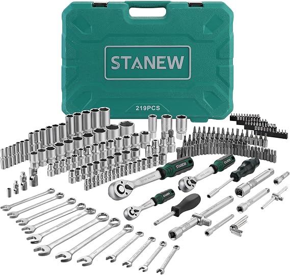 STANEW Socket Spanner Set 219 Pieces Ratchet Box Socket Spanner Set with 1/4 Inch 3/8 Inch and 1/2 Inch with Reversible Ratchet CR-V Ideal for DIY Repairs or Mechanical Work