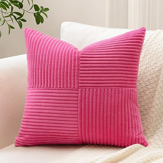 OTOSTAR Set of 1 Decorative Throw Pillow Cover Soft Corduroy Solid Square Pillow Cases Farmhouse Boho Striped Cross Patchwork Textured Cushion Cover for Sofa Car Bed Living Room 18x18 Inch, Hot Pink