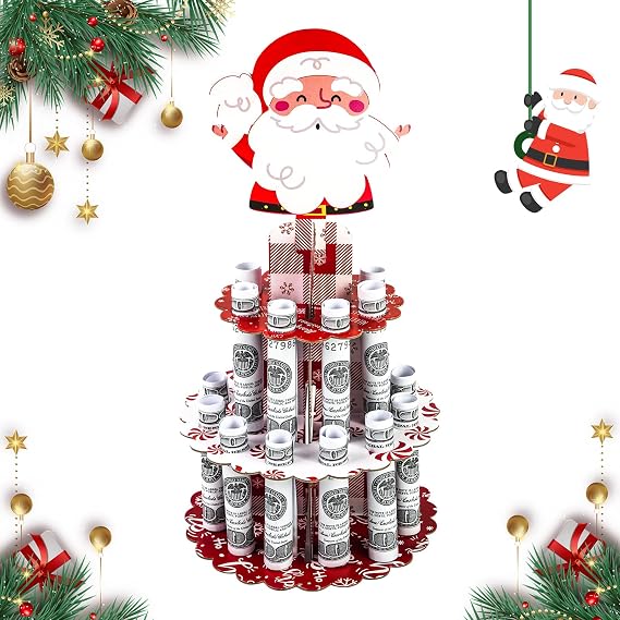 Christmas Money Holder, Christma Santa Claus Cash Cake Stand for Give Christmas Money for Cash Gift, Surprise Xmas Cash Gift Ideas for Him Her Son Daughter Grandkids