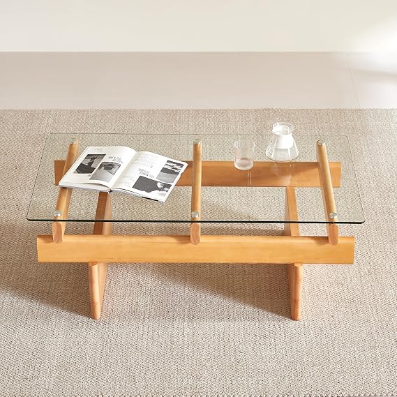 Finekoze Glass Coffee Table for Living Room,100% Solid Wood Coffee Table with Rectangular Tempered Glass Top,Mid Century Modern Coffee Table,Wood
