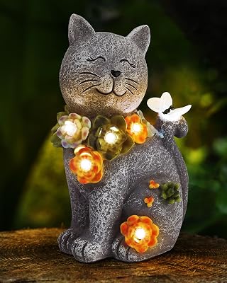 Vuees Solar Garden Statues Outdoor Decor, 6 LED Cat Flowers Butterfly Figurine Lights, Waterproof for Balcony Patio Porch Lawn Yard Ornament Art - Gift Ideas for Housewarming Gardening Grandma Women