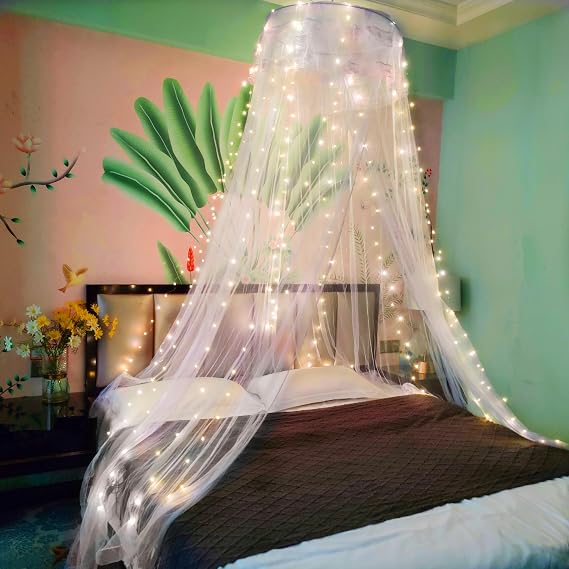 Lace Bed Canopy Mosquito Netting with Warm Lights, Princess Bed Canopy for Girls Room Decor, White/Single Door
