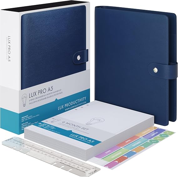 LUX PRO A5 - Daily Planner & appointment diary - Gratitude journal, wellness journal & UNDATED weekly planners and organisers - Desk journals for women & men - LUX Productivity (Blue - Midnight)