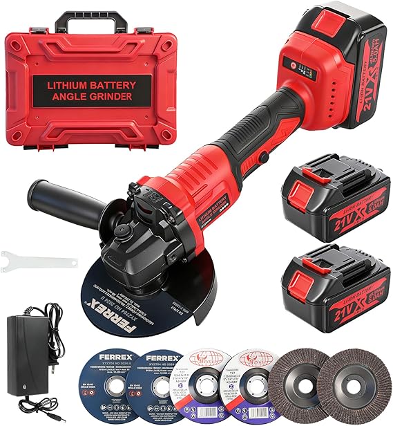 Cordless Angle Grinder 4-1/2" to 5", Battery Angle Grinder | 2X 5.0Ah 21V Battery, 10000RPM Brushless Motor, with 6 Discs, Wheel Guard and Charger, for Cutting, Grinding, Polishing