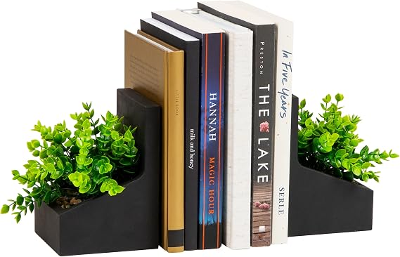Mind Reader Contemporary Planter Bookends, Book Holders with Faux Greenery, Decorative Desktop or Shelf Organizer, Cement, Set of 2, Black