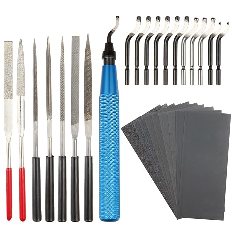 29-Piece Deburring Tool Set 11 HSS Blades, 7 Needle Files, 10 Sandpapers, Metal Handle for Metal, Wood, 3D Prints, PVC Deburring & Reaming