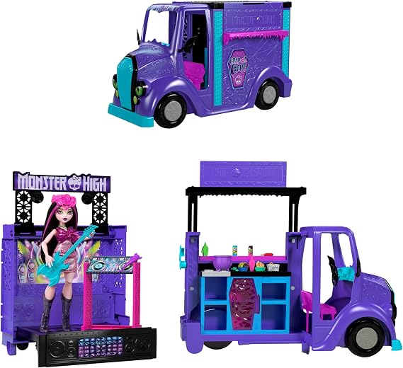 Monster High Draculaura-Puppe und Spielset Fangtastic Food-Truck mit ausklappbarer Bühne und über 13 passenden Küchen- und Musikzubehörteilen HXH83