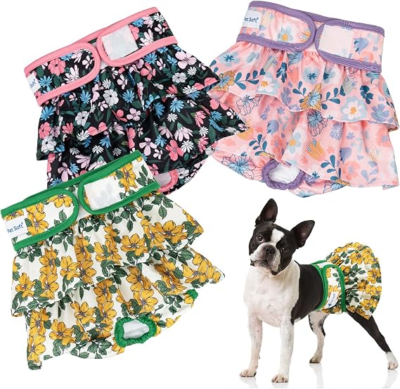 Pet Soft Female Dog Diapers - 3Pack Washable Dress-Style Dog Diapers Female for Girl Dog in Heat - Reusable Dog Period Panties|Puppy Diapers Female (Floral, S)