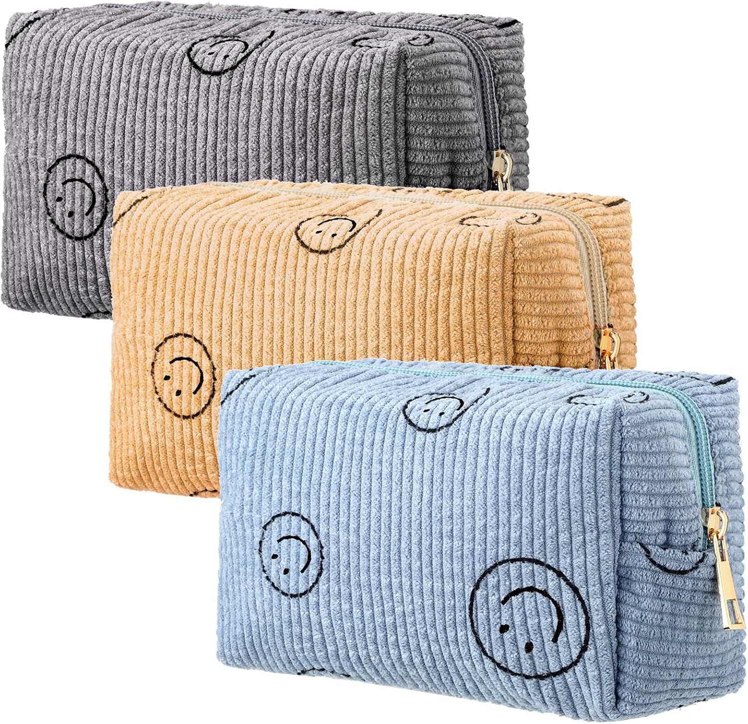 Photect 3 Pcs Corduroy Cosmetic Bag Smile Face Aesthetic Preppy Pencil Pouch Purse Travel Beauty Makeup Bags for School Christmas Women Holiday Organizer GiftsClassic,Yellow, Gray, Blue