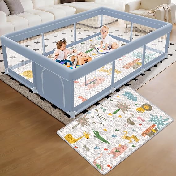 XVISHX 74 x 50 Inch Baby Playpen with Mat, Playpen for Babies and Toddlers, Baby Playard for Indoor & Outdoor Active Center Game Fence, with Skin-Friendly Fabric and Soft Breathable Mesh, Grey