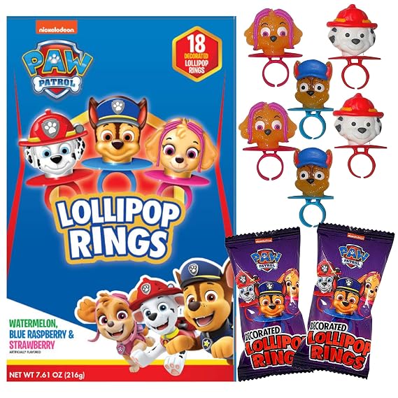 Paw Patrol Decorated Themed Lollipop Rings, 18 Pieces | Candy Exchange Kit, Assorted Fruit Flavored, Hard Candies, Individually Wrapped