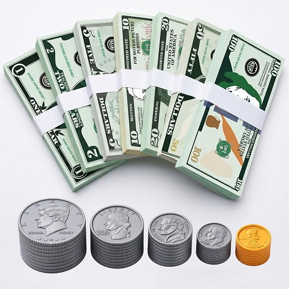 600 Pcs Fake Money for Kids - Realistic Play Money Bills & Plastic Coins - Math Manipulatives & Classroom Currency Set for Grocery Store, Bank, Board Games - Educational Counting Toy, Ages 3+
