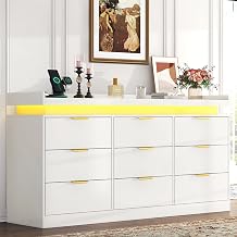 9 Drawer Dressers for Bedroom, White Dresser with LED Light and Power Outlet, Modern Large Dresser & Chests of Drawers, Wood Triple Wide Dressers for Bedroom, Living Room, Entryway, Hallway