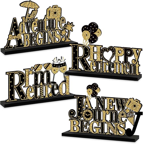 Eucutur Happy Retirement Party Decorations Wooden Table Sign | 4Pcs Black Gold Going Away Wooden Table Centerpieces Party Supplies, Retired Theme Farewell Goodbye Party Table Decor