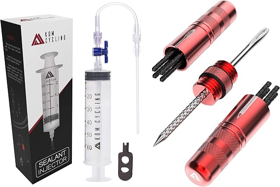 KOM Cycling Tubeless Sealant Injector + Tire Repair Tool (Red) Bundle
